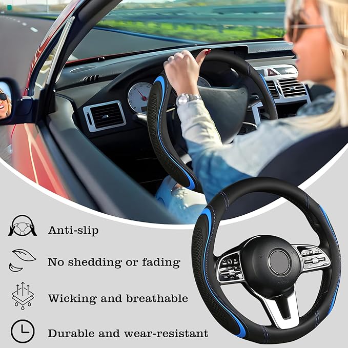 Leather Splicing Black Blue Car Steering Wheel Cover,14.5-15 Inch Universal Microfiber Leather Covers Breathable Anti-Slip Od