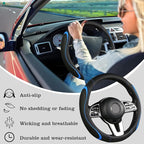 Leather Splicing Black Blue Car Steering Wheel Cover,14.5-15 Inch Universal Microfiber Leather Covers Breathable Anti-Slip Od