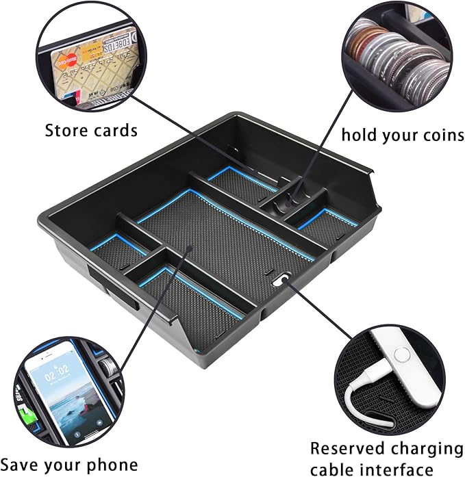 Center Console Organizer Tray Compatible with Chevy Silverado/GMC Sierra 1500/2500/3500HD 2014-2018,15-19 Silverado/Sierra 2500HD/3500HD Accessories Compartment,Full Console w/Bucket Seats ONLY,Blue