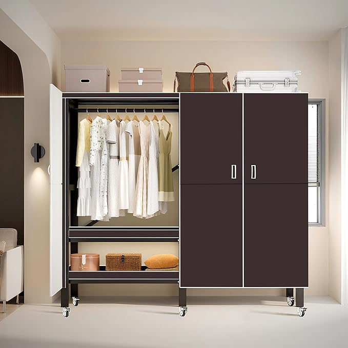 YTLEMON Heavy Duty Clothes Rack with Magnetic Door, Metal Foldable Covered Clothes Rack, Portable Wardroobe Closet System for