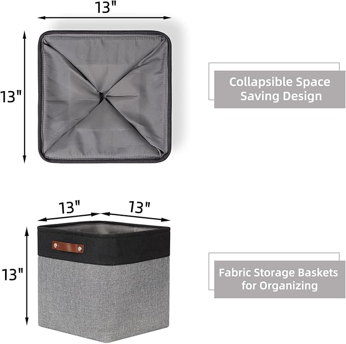 HNZIGE Storage Foldable Baskets Cubes Set(3 Pack) Fabric Bins for Shelves,13 Inch Storage Basket for Organizing with Leather 