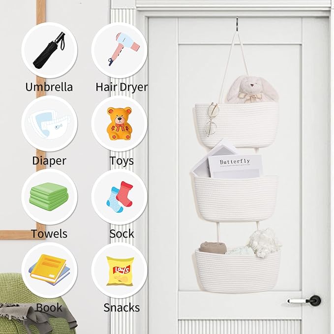 ANTIS'S HOME Over The Door Organizer Hanging Basket, 3-Tier Woven Cotton Wall-Mounted Nursery Storage Organizer Bag Boho Deco
