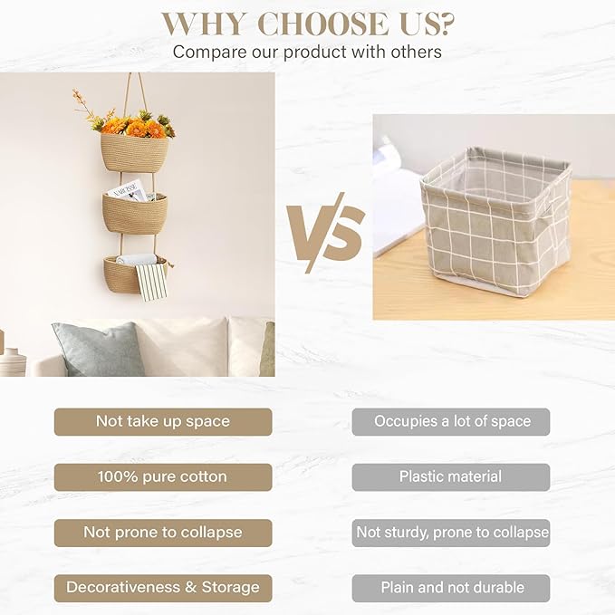 TeoKJ Over the Door Hanging Basket, 3-Tier Woven Cotton Wall-Mounted Storage Organizer Bag Decorative Hanging Nursery Baskets