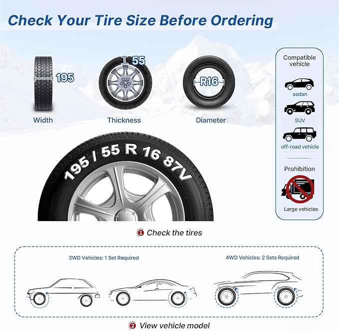 Car Tire Chains 205-305mm, Universal Emergency Anti-Skid Snow Strap Tires Chains for Trucks/Minivan/Pickup/SUV/ATV/UTV, Adjus