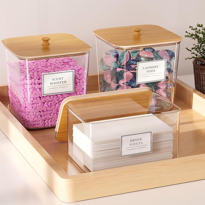 HomePekite Laundry Pods Storage Container, Clear Laundry Room Organization and Storage,Detergent Powder Container,with Wooden