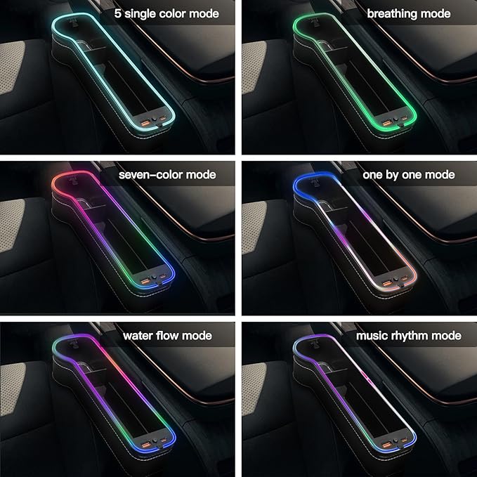 LED Car Seat Gap Filler Organizer Car Gap Filler with 10 Light Music Rhythm Modes USB and Type-C Charger Fit for iPhone Android (2 Pack)