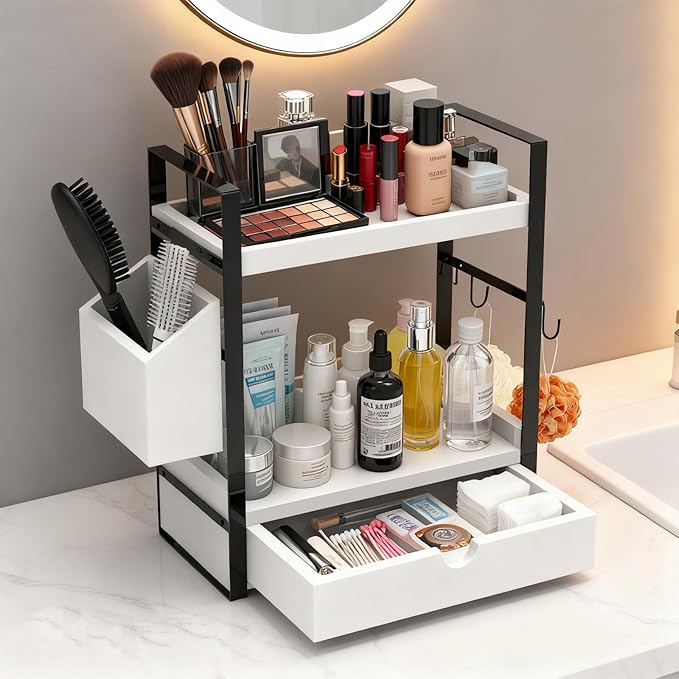 2-Tired Bathroom Counter Organizers and Storage, Bathroom Countertop Organizer with Drawer, Solid Wood Skincare Perfume Organ