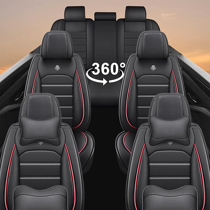 Seat Covers Custom Fit for GMC Yukon XL 2000-2026, 7 Seat, Compatible Airbag Non-Slip Waterproof Leather Seat Cover, Luxury Interior Car Seat Covers Full Set with Pillow, Black Red