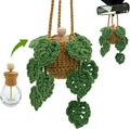 Crochet Car Air Freshener, 15ml Empty Refillable Oil Diffuser Bottle with Hanging Crochet Plant for Car Rearview Mirror Decor