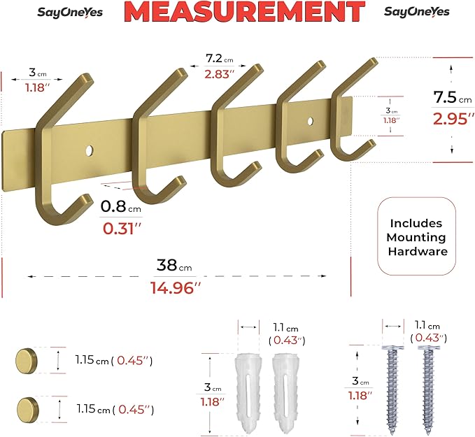 Brushed Gold Wall Mounted Coat Rack – 15 Inch Stainless Steel Rail with 5 Double Coat Hooks for Entryway, Bathroom, Bedroom, 
