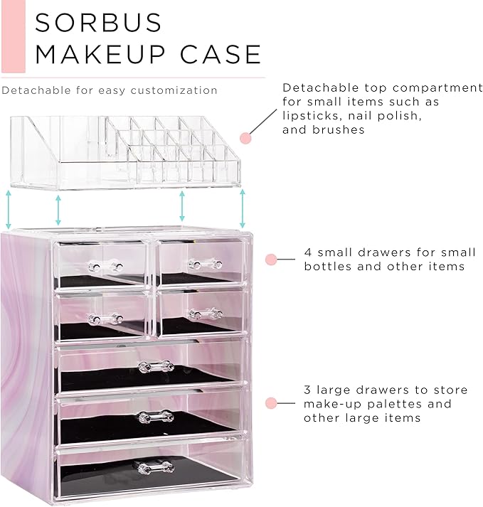 Sorbus Acrylic Makeup Organizer Set, 7-Drawer Vanity & Countertop Cosmetic Storage with Small & Wide Compartments, Tie Dye Ma