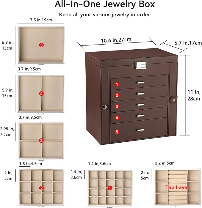 Frebeauty Large Jewelry Box,6-Tier PU Leather Jewelry Organizer,Multi-functional Storage Case with Mirror,Accessories Holder 