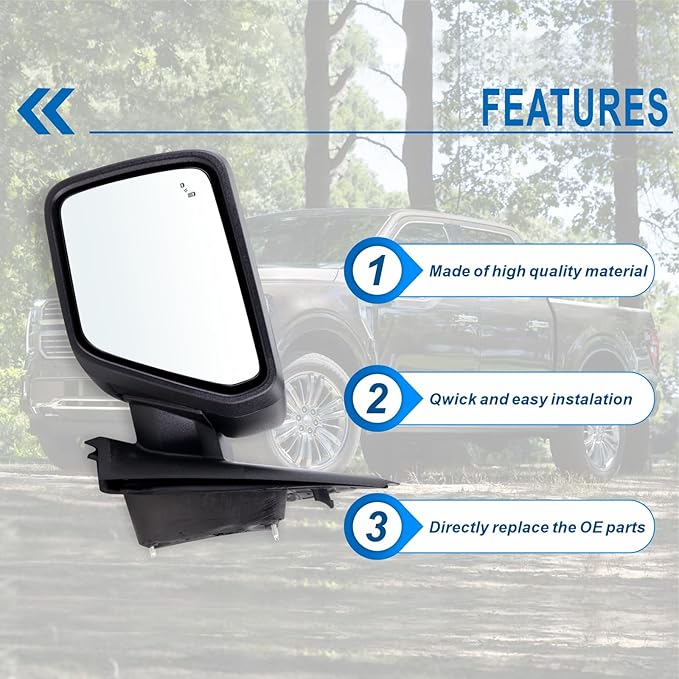 Left Driver Side Door Mirror Compatible With 2021 2022 2023 2024 2025 2026 Ford F150 With Power Glass Manual Folding Heated Blind Spot Matte Black Replace#ML3Z17683VA(7 Pins)