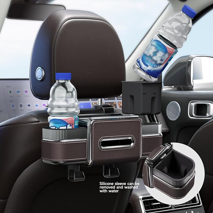 Multifunctional Car Headrest Backseat Organizer Box with Drink Cup Holder, Makeup Mirror, Tissue Box & Hooks for Car Seat Back, Upgrade Car Headrest Backseat Organizer Great for Kids and Travel(Brown)