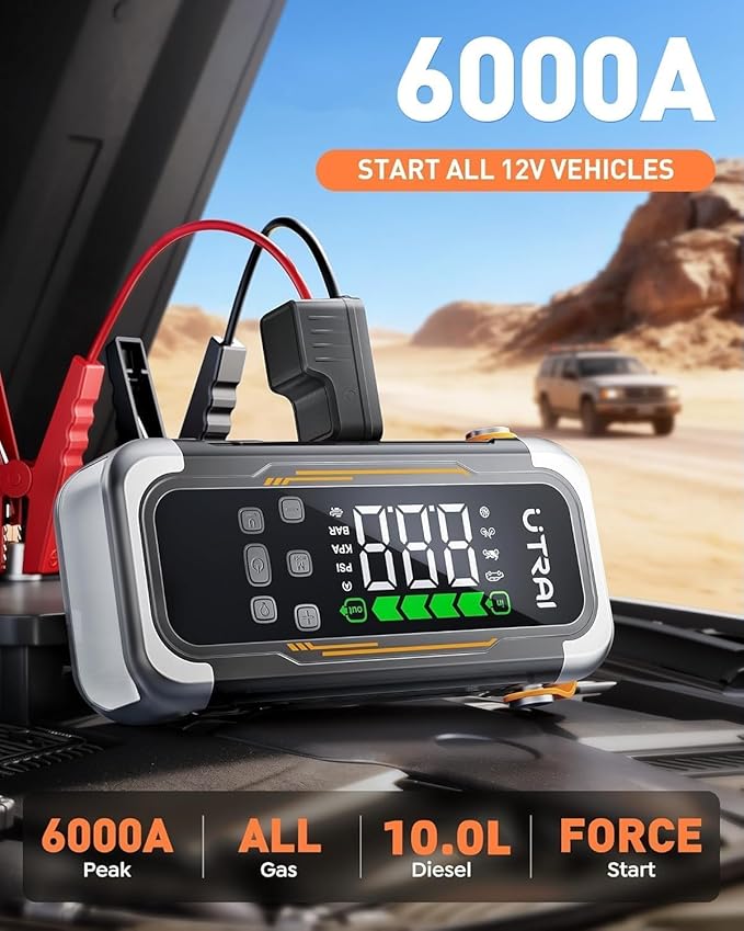 UTRAI Jump Starter with Air Compressor, 6000A Peak Battery Jumper Starter Portable (All Gas & 10.0L Diesel) with