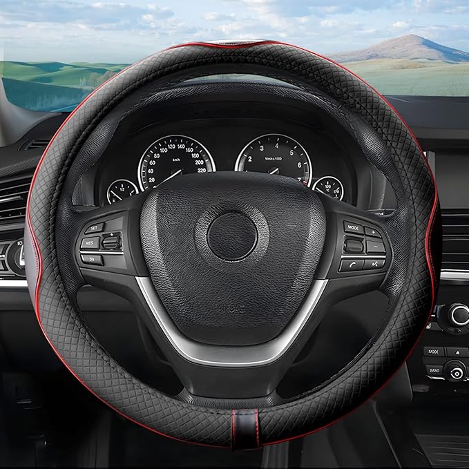Leather Steering Wheel Cover, Soft Breathable Anti Slip, Universal Fit 15 Inch Car, Truck, SUV (Black/Red Line)