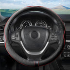 Leather Steering Wheel Cover, Soft Breathable Anti Slip, Universal Fit 15 Inch Car, Truck, SUV (Black/Red Line)
