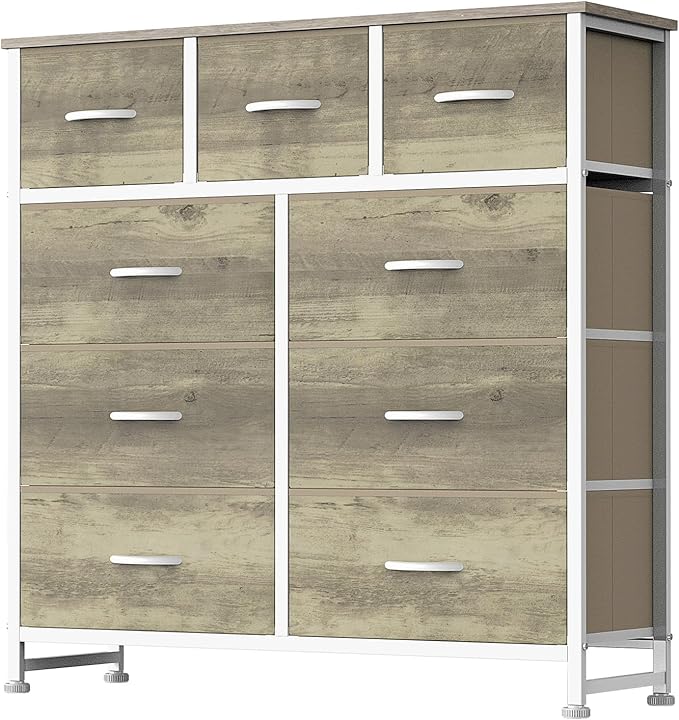 DUMOS 9 Drawer Dresser for Bedroom, Fabric Storage Organizer with Sturdy Metal Frame, Wooden Top Chest of Drawers for Closet 