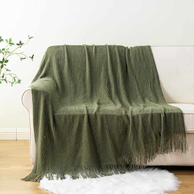 BATTILO HOME Olive Green Throw Blanket for Couch, Soft Army Green Blanket with Tassels for Home Decor, Decorative Knitted Thr