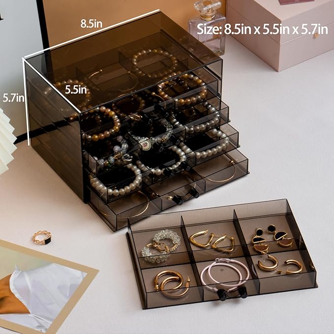 SPAKOWN Earring Organizer, Acrylic Earring Box Large 30 Compartments Jewelry Holder Organizer with 5 Drawers Stackable Earrin