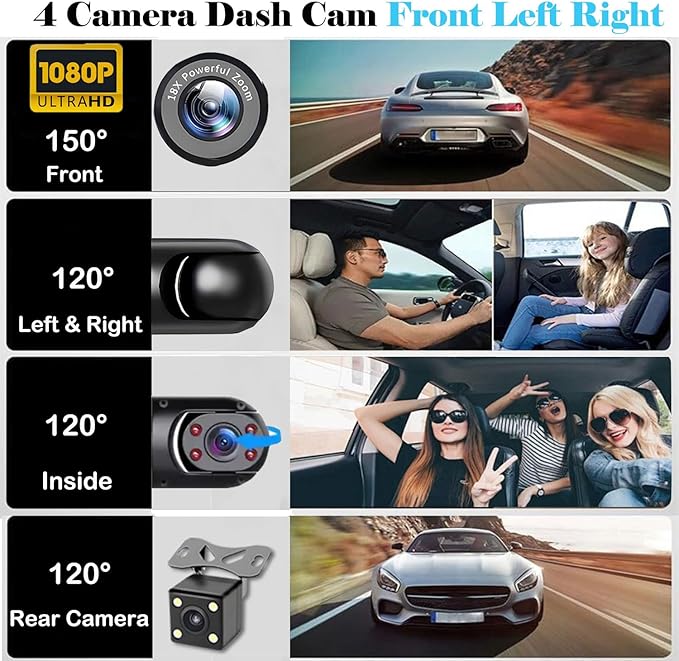 4 Channel Dash Cam 360° View, 1080P Front and Rear Inside, Left Right Dash Camera for Cars, Night Vision, WiFi & APP Control,