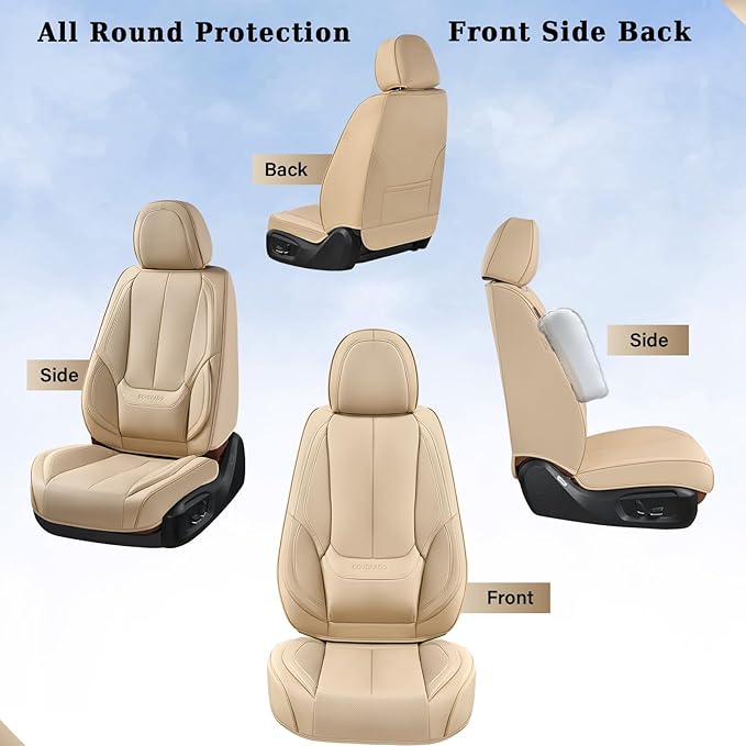 Coverado Car Seat Covers Full Set, Car Seat Protector Waterproof, Nappa Leather Car Seat Cushion, Beige Seat Covers for Cars,
