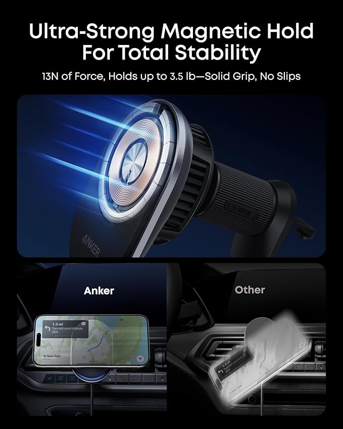 Anker Prime MagSafe Car Mount Charger, Qi2 25W Certified Wireless Car Charger with TEC Cooling, Strong Magnets, Air Vent Mount for iPhone 17-12 Series (Check Vent Compatibility, Includes 60W Adapter)