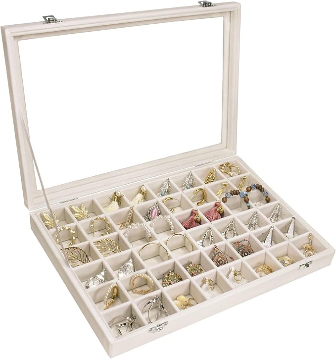 Siveit Velvet Jewelry Tray 48 Grid Jewelry Display Tray Organizer Box with Transparent Lid Rings Earrings Necklaces Pendants 