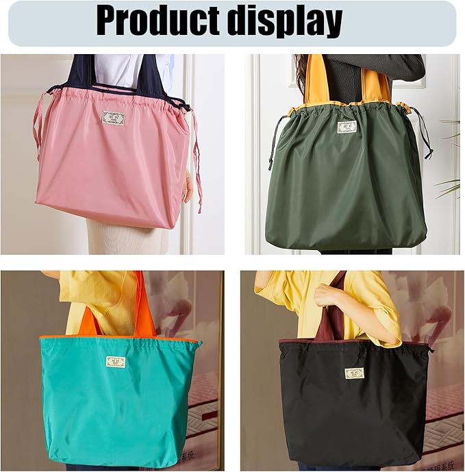 4PC Foldable Reusable Shopping Bags 210D Nylon Waterproof Travel Grocery Tote with Drawstring Mouth & Reinforced Handle