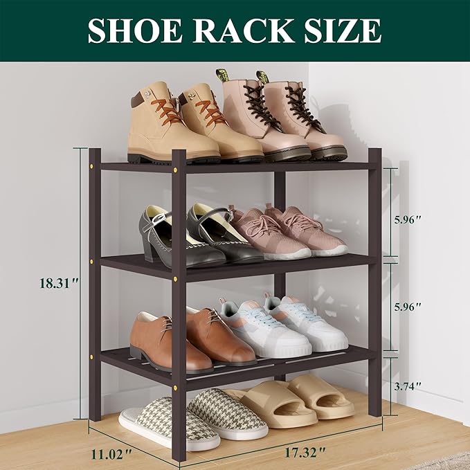 Smiry Small Bamboo Shoe Rack 3-Tier, Stackable Wooden Shoe Organizer for Entryway & Closet, Free Standing Wood Shoe Storage S