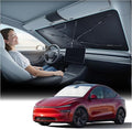 Windshield Sun Shade Umbrella for Tesla Model Y & Model 3 - [Vinyl Coating Heat Shield] Protect Car from Sun Rays & Heat Damage Keep Cool and Protect Interior, Spring Structure Edge