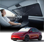 Windshield Sun Shade Umbrella for Tesla Model Y & Model 3 - [Vinyl Coating Heat Shield] Protect Car from Sun Rays & Heat Damage Keep Cool and Protect Interior, Spring Structure Edge