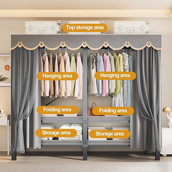 Portable Foldable Wardrobe Closet with Cover, 1200lbs Garment Rack for Hanging Clothes, Enclosed Coat Storage Organizer with 