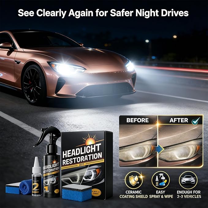 Headlight Restoration Kit, Car Headlight Cleaner, No Power Tools Needed Spray & Wipe, Restores Clarity & Shine, Long-Lasting 