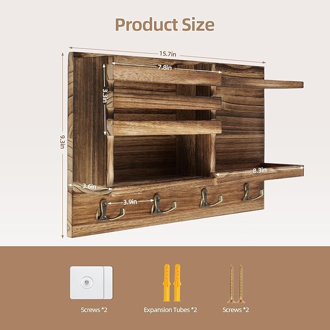 Key Holder Wall Mount, Solid Wood Key and Mail Organizer for Wall(Self Adhesive or Drill), 8 Hooks Key Rack for Entryway Hall