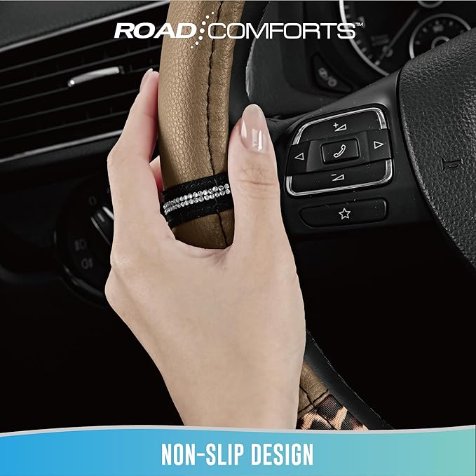 Road Comforts Leopard Steering Wheel Cover for Women, Cute Anti-Slip Microfiber Leather, Universal Fit 14.5-15 Inch Round Ste