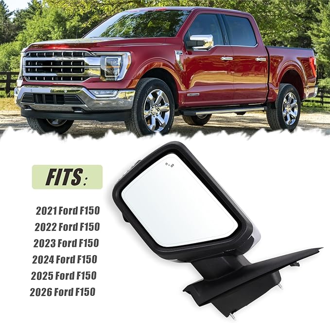Left Driver Side Mirror Fits 2021-2026 Ford F150 With Power Folding Heated Blind Spot Turn Signal Puddle Light Temperature Sensors Mirror Memory Camera Chrome Replace#ML3Z17683FF5YGY(18+1Pins)