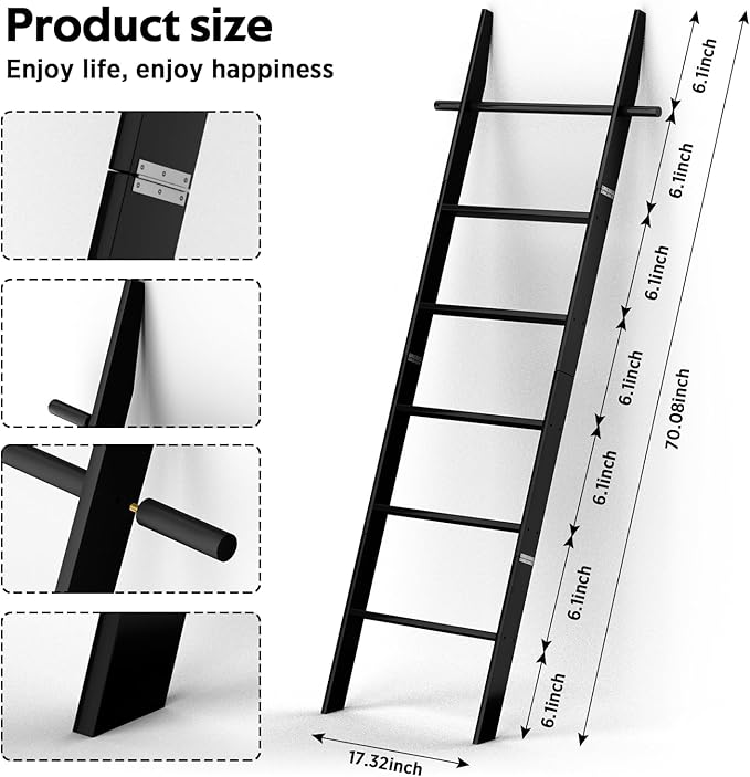 Farmhouse Wooden Blanket Ladder with Removable Hooks, 6-Tier Rustic Blanket Rack Decorative Stand, Leaning Towel Quilt Displa