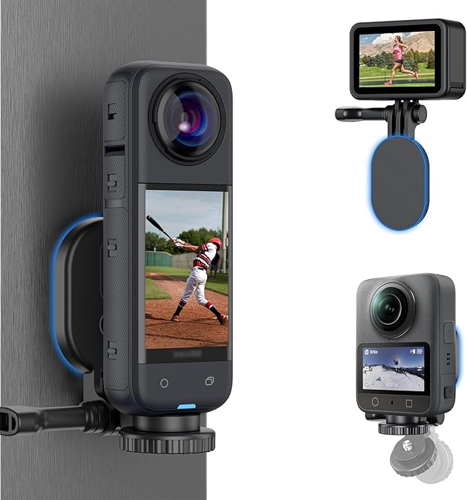 JJC Magnetic Mount Stand with 1/4"-20 Screw for DJI Osmo360 Action 5 Pro 4 3 for Insta360 X5 X4 X3 Ace, Pocket 3 OSMO360, Foldable Steering Holder Bracket Base, Strong Magnets, Angle Adjustable