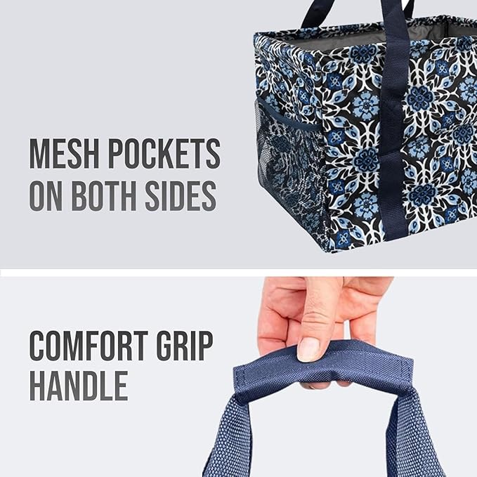 Extra Large Utility Tote Bag - Oversized Collapsible Tote with Wire Frame, Durable Reusable for Beach, Groceries, Laundry, Car Trunk, Storage and Travel - includes 5x7 Bag with Hook - Navy Floral