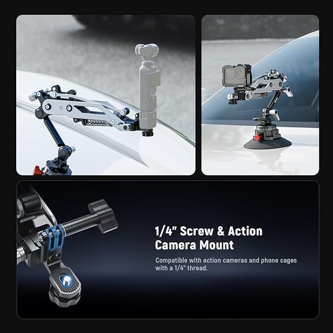 NEEWER Vacuum Suction Cup Car Mount for Action Camera with Hydraulic Boom Arm, NATO Rail, Compatible with DJI Osmo Pocket 3 Insts360 X5 X4 X3 GoPro Hero Adapter Mobile Phone Holder, 500 g Max Load