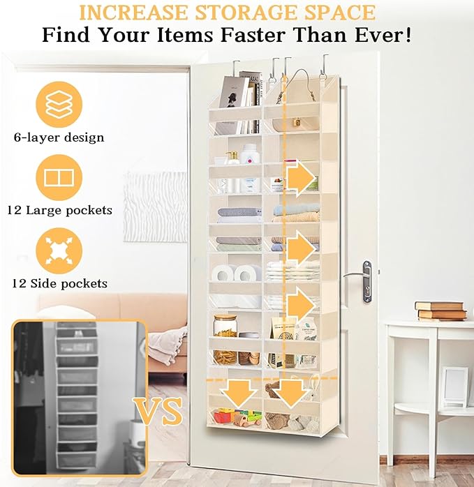 Ofiray-home Over the Door Organizer 6 Tiers, Extra Large Behind Door Storage of 12 Compartments,80 lbs Weight Capacity Hangin