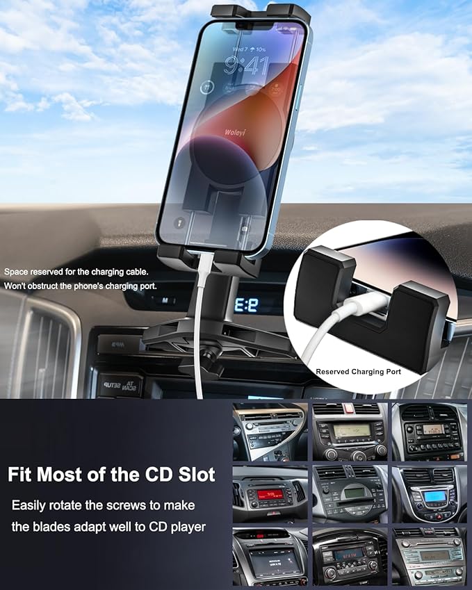 woleyi CD Slot Phone Mount, [Height Adjustable] CD Player Car Phone Mount, Universal Ultra Sturdy CD Cell Phone Car Mount for iPhone Air 17 Pro Max 16 15 14 13 12 11 X Plus, Android, All Smartphones