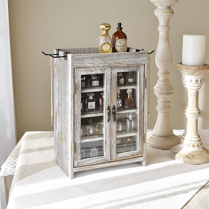Ikee Design Wooden Countertop Storage Cabinet. Customizable Organizer with Adjustable Shelves, Glass Window Door and Removabl