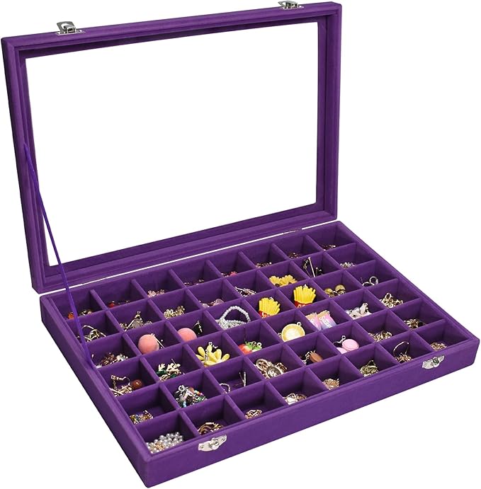Vicoter Velvet Jewelry Tray 48 Compartments Jewelry Display Organizer with Transparent Cover Rings, Earrings, Necklaces, Pend