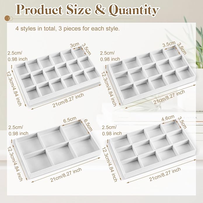 Junkin 12 Pcs Jewelry Tray Velvet Stackable Jewelry Organizer Trays Divided Earring Accessories Storage Containers Box (Rose 