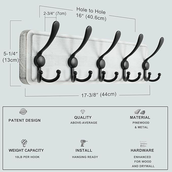 Dseap Coat Rack Wall Mounted - 5 Tri Hooks, Heavy Duty, Wooden Wall Coat Hanger Coat Hook for Clothes Hat Jacket Clothing, Bl