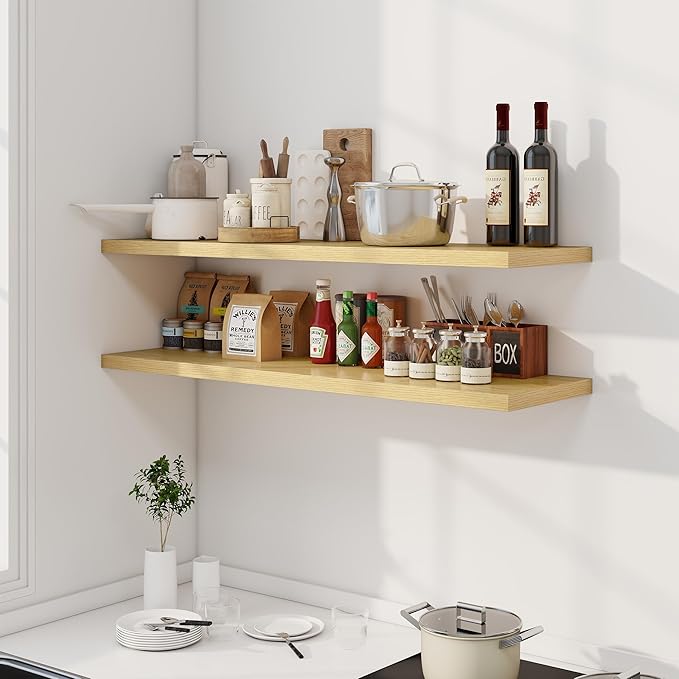 Dreamland 48" Floating Shelves for Wall, 12" Deep Slim Oak Floating Shelves, Wall-Mounted Shelves for Bedroom, Living Room, K