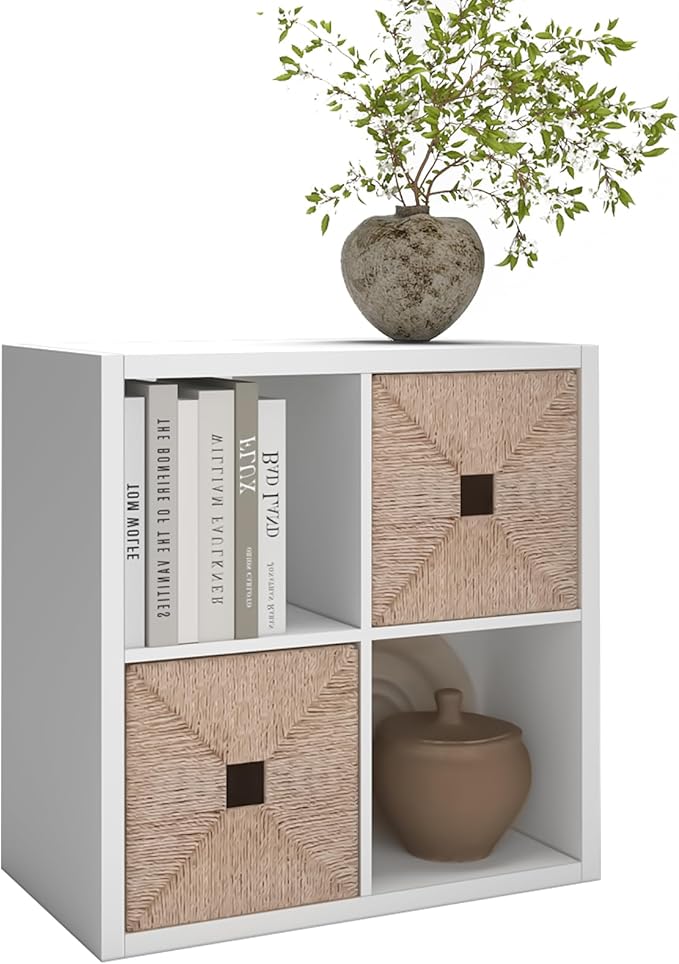 CTESNE【2026 Wooden Thick Frame 4 Cube Storage Organizer Shelf with Anti-Tipping Kits + Reversible Open Back Bookcase, Horizon