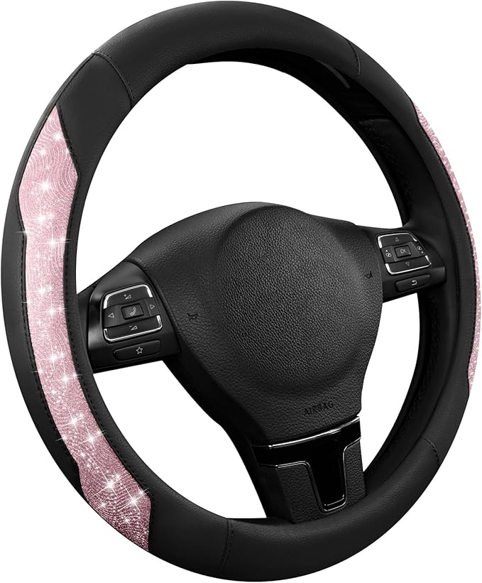 PIC AUTO Steering Wheel Cover, Pink Sparkly Crystal Bling Glitter with Leather, Universal Fit 14.5"-15.5" Car Steering Wheels